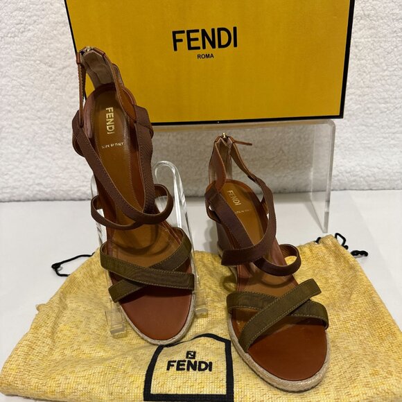 Fendi Wedge Cross Strap Sandal - Leather and canvas with zip back -sz 41 (US 11) - Picture 1 of 15